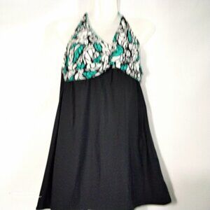 Beach Bay 1 Piece Modest Black, White & Acqua Halter Tie Swim Dress NWT Size 14
